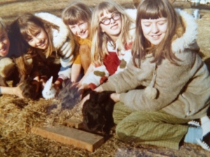 Mike, me, Heather, Susan and Heidi. Prescotts with our bunnies. The white one is Cuddles and she was mine. The big black one was Midnight and he was Heidi's.