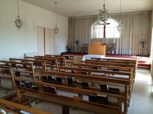 About halfway up the stairs of the former Kab Elias Evangelical School compound there is a door to your right. Inside is the small church where worship is still held on Sundays. Now part of the worshiping community are the refugees from Syria who are living here.