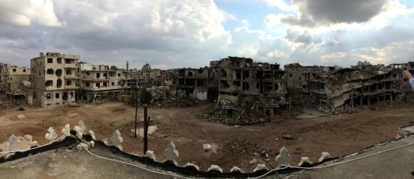 The old city of Homs, Syria, from the rooftop of a bombed mosque.