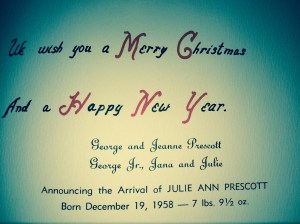 My birth announcement inside the 1958 Christmas card.